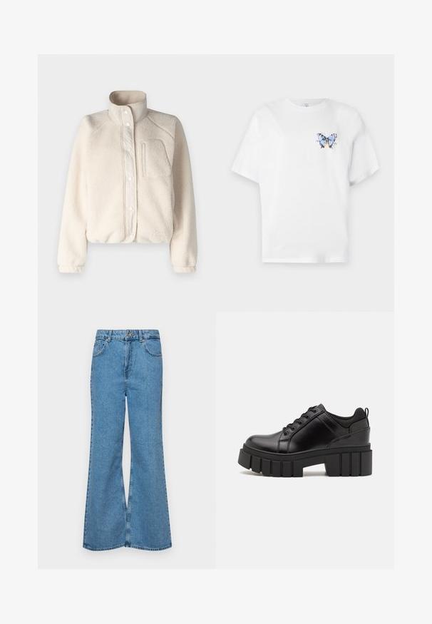 Hollister Co. JACKET - Fliisjakk - whitecap grey; Valge puuvillane T-särk, millel on värviline liblikakujutis vasakul rinnal. Lühikesed varrukad ja mugav lõige.; Heledad sinine flared teksade rõivad, millel on kõrge talje, viis taskut ja üks nupulukk. Pehme tekstuur ja pleekinud viimistlus.; Must musta platvormsussid paksu plokkninal, ümmarguse varbaga ja traditsioonilise nööridega kinnitamisega. Sussid on sileda tekstuuriga ja minimaalsete detailidega.