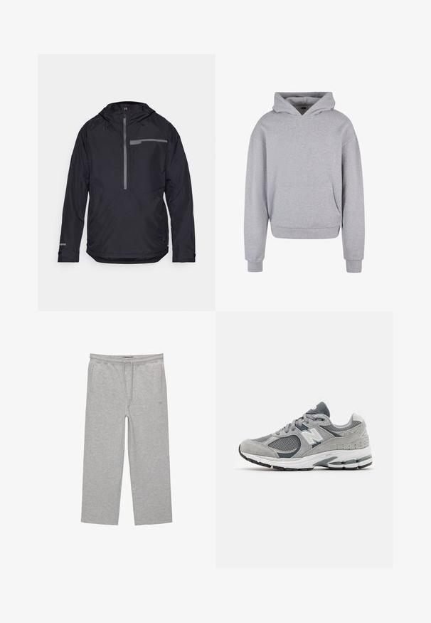 Fekete vízálló dzseki kapucnival, cipzáras elülső résszel és gumírozott mandzsettával. Szürke fényvisszaverő csíkkal és egy mellzsebbel rendelkezik. Könnyű dizájn.; Szürke pamut kapucnis pulóver elülső zsebbel, húzózsinórral ellátott kapucnival és bordázott mandzsettákkal, valamint aljjal. Puha, textúrált felülettel rendelkezik.; Szürke pamut loungewear nadrág elasztikus derékkal, zsinórral és két oldalsó zsebbel; egyenes lábú kialakítás, puha textúra, minta nélkül.; Szürke sneaker hálós és velúr anyagból, fehér logóval, párnázott bokarésszel és texturált gumitalppal. Sötétebb szürke kiegészítők.