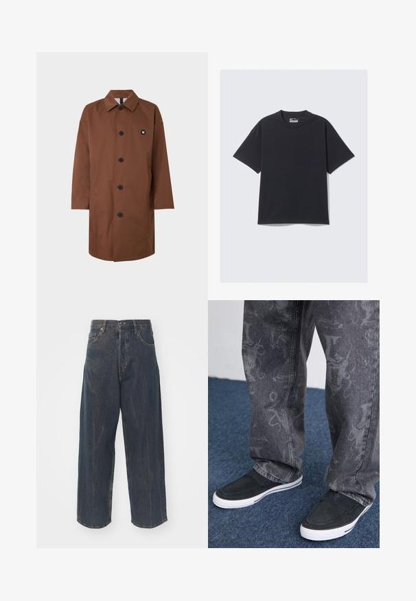Brązowy lekki płaszcz z kołnierzem, długimi rękawami i pięcioma czarnymi guzikami. Posiada małe logo na lewej piersi oraz prosty krój.; Czarna bawełniana koszulka z klasycznym okrągłym dekoltem, krótkimi rękawami i luźnym fasonem. Gładka tekstura z minimalnymi detalami szwów.; Szerokie, ciemnoniebieskie dżinsy z subtelnym efektem przetarcia, pięć kieszeni oraz klasyczne zapięcie na guzik i zamek błyskawiczny w talii.; Czarne buty wsuwane z białą podeszwą, teksturowane, w połączeniu z szarymi dżinsami z subtelnym wzorem, na tle niebieskiego dywanu.