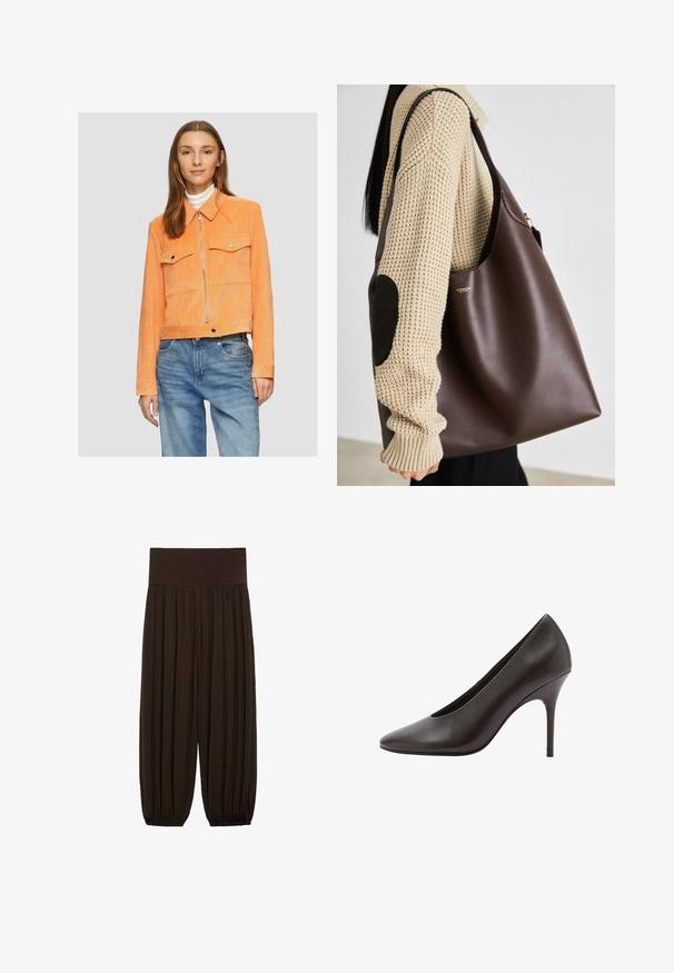 Przycięta pomarańczowa kurtka z kordurowej tkaniny z dwiema kieszeniami na piersi, metalowym zamkiem błyskawicznym oraz spiczastym kołnierzykiem, połączona z niebieskimi dżinsami.; Szara koszula z długim rękawem, wykonana z lekkiej mieszanki bawełny, z okrągłym dekoltem i gładką fakturą, bez wzorów ani dodatków.; Brązowe spodnie z plisami i szerokim, elastycznym pasem. Materiał jest lekki i teksturowany, z marszczonymi wykończeniami u dołów.; Czarne skórzane szpilki z ostro zakończonym noskiem, o smukłym obcasie stiletto i gładkim wykończeniu, pokazywane z boku.; Brązowa skórzana torba typu tote o pojemnym designie. Charakteryzuje się gładką fakturą i subtelnym złotym logo. Połączona z kremowym swetrem z dzianiny.
