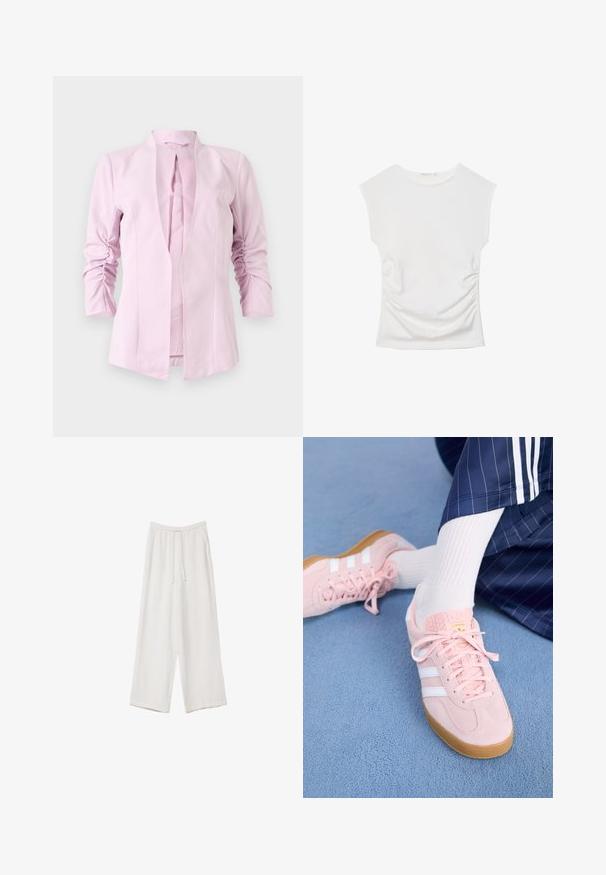 Svetlo roza blazer z dolgimi rokavi, brez ovratnika in z nagubanimi detajli na rokavih. Gladek material z oprijetim silhueto.; Bela top brez rokavov z okroglim izrezom in subtilnim nabiranjem ob straneh, položena na ravno podlago na belem ozadju.; Bele široke hlače iz lahkega materiala. Imajo elastičen pas s vrvico in stranske žepe. Gladka tekstura.; Svetlo roza antilopni športni copati z belimi črtami in vezalkami, z teksturirano jezičko in gumo podplatom, postavljeni na modrem tepihu.