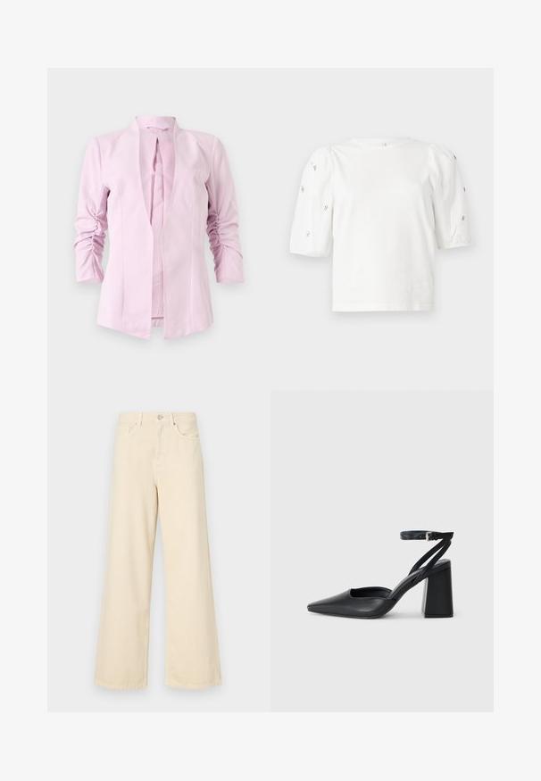 Šviesiai rožinė bleizeris su ilgomis rankovėmis, be apykaklės dizainu ir raukšlėmis rankovėse. Lygi medžiaga su prigludusia siluetu.; Balta medvilnės marškinėliai trumpomis pūstomis rankovėmis, papuošti mažomis sidabrinėmis detalėmis ant rankovių. Klasikinis apvalus iškirpimas, laisvas siluetas.; Bežinės plačios kojos džinsai, pagaminti iš medvilnės. Turintys sagos uždarymą, diržo kilpas ir priekinės kišenes su lygia, švelnia tekstūra.; Juoda odinė smailiagalė aukštakulnio bateliai su kulkšnies dirželiu ir storu kulnu. Lygus paviršius, elegantiškas dizainas ir minimalistiška estetinė.