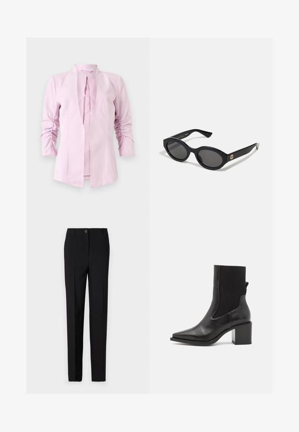 Svetlo ružový blazer s dlhými rukávmi, bez goliera, s nariadeným detailom na rukávoch. Hladká látka s obtiahnutým strihom.; Dlhý rukáv s potlačou leopardího vzoru a vysokým golierom, vyrobený z elastického materiálu. Má pieskovú základňu s hnedými škvrnami. Hladká textúra, priliehavý strih.; Čierne priliehavé nohavice so strihom rovného nohavicu, ktoré majú zapínanie na gombík a pútka na opasok, vyrobené z hladkej látky.; Čierne členkové topánky s našpicatou špičkou, vyrobené z hladkej kože a elastického materiálu. Majú blokový podpätok a minimalistický dizajn.; Čierne oválne slnečné okuliare s tmavými sklami a lesklým plastovým rámom. Obsahujú zlaté logo na stráne, čo im dáva elegantný a moderný dizajn.; Modrá vzorovaná kabelka vyrobená z látky, so zakriveným tvarom, čiernym koženým popruhom a dizajnom loga v svetlejšej farbe.