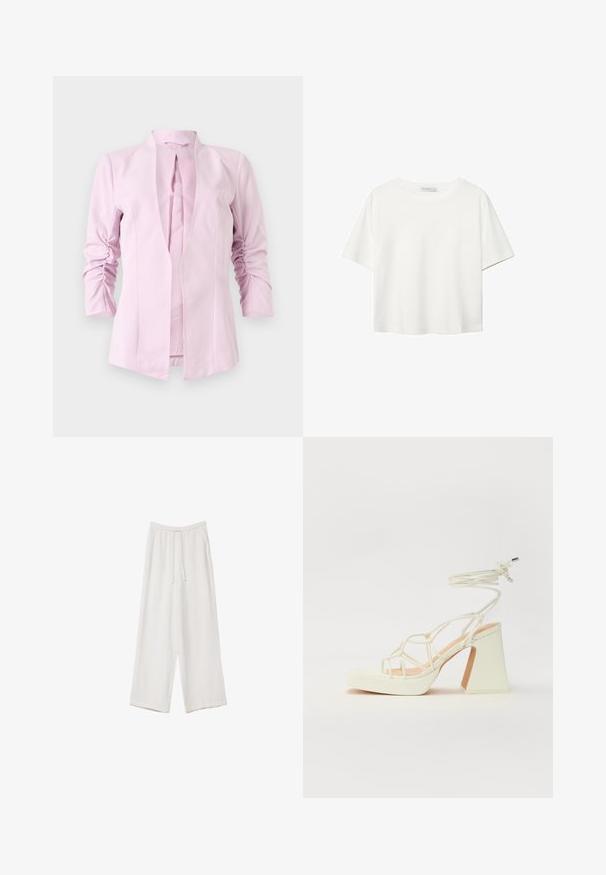 Svetlo roza blazer z dolgimi rokavi, brez ovratnika in z nagubanimi detajli na rokavih. Gladek material z oprijetim silhueto.; Bela kratka majica s kratkimi rokavi iz bombaža. Ima okroglo izrezovanje in sproščen kroj. Gladka tekstura brez vidnih vzorcev ali poudarkov.; Bele široke hlače iz lahkega materiala. Imajo elastičen pas s vrvico in stranske žepe. Gladka tekstura.; Bela sandala na visokih petah s debelim petam, ki ima obliko trakcev in vezanje okoli gležnja. Gladka tekstura z platformo spredaj za dodatno višino.
