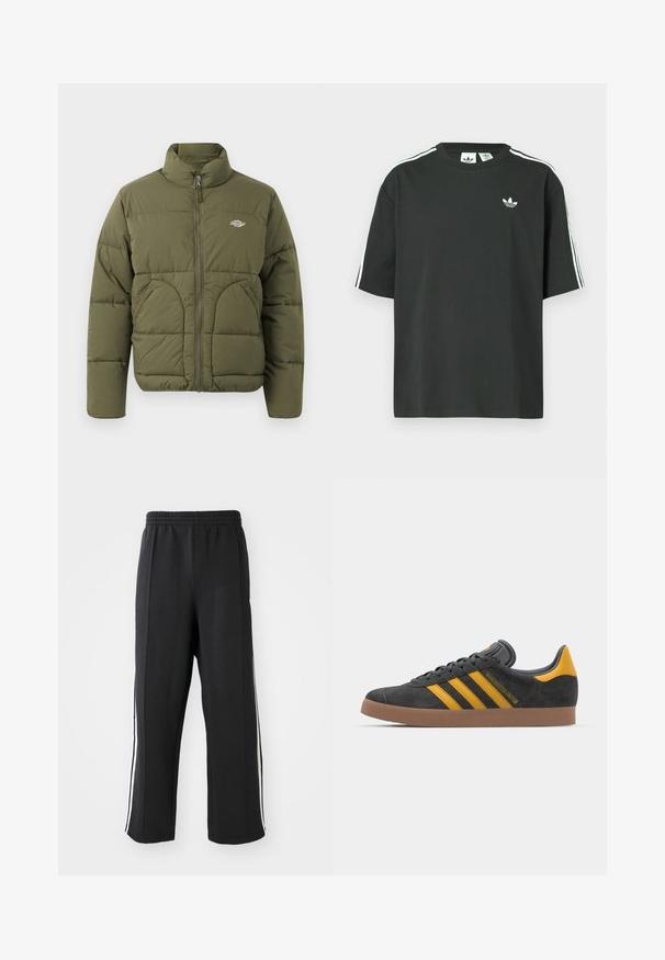 Olivově zelená péřovka s vysokým límcem, plným zipem, horizontálním prošíváním a dvěma bočními kapsami. Obsahuje malé logo na hrudi.; Černé bavlněné tričko s krátkými rukávy, kulatým výstřihem a bílými třemi pruhy na ramenou. Na hrudi je malá bílá logo.; Černé tepláky s elastickým pasem, se štíhlými bílými pruhy po stranách a volným střihem. Vyrobené z měkké, elastické tkaniny.; Černé semišové tenisky se žlutými akcenty, vybavené třemi pruhy a hnědou gumovou podrážkou. Obsahují polstrovaný jazyk pro pohodlí.