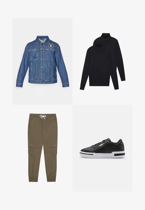 Mørkeblå denimjakke med knaplukning, to brystlommer og et broderet Raiders-logo på øverste venstre side.; To svarte langermede genserne med høy hals, ensfarget strikket, stablet med den ene litt bak den andre på en hvit bakgrunn.; Khaki cargo bukser med elastisk livrem og snor, med sidelommer og mansjetterte ankler. Laget av et teksturert, lett materiale.; Sorte lærersneaker med hvit mellomsåle, perforert tå, gull logo detalj, polstret krage, og kontrasterende sorte detaljer på siden.