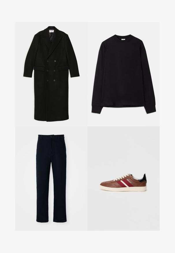 Filippa K DOUBLE BREASTED - Klassikaline mantel - black; Must must pikkade varrukatega T-särk, mis on valmistatud pehmest puuvillast. Omab ümarat kaelust, laia vormi ja soonikkoes manšette. Ei ole nähtavaid mustreid ega logosid.; Tumed sinelased püksid puuvillast, sirge lõikega, eesnupu sulgemisega ning klassikalise vöökohaga, kus on vööaasad.; Pruun nahast spordijalats valgete ja burgundia triipudega, beežide paeltega ja musta kandiga aktsendiga. Omab kummist talda ja siledat tekstuuri.