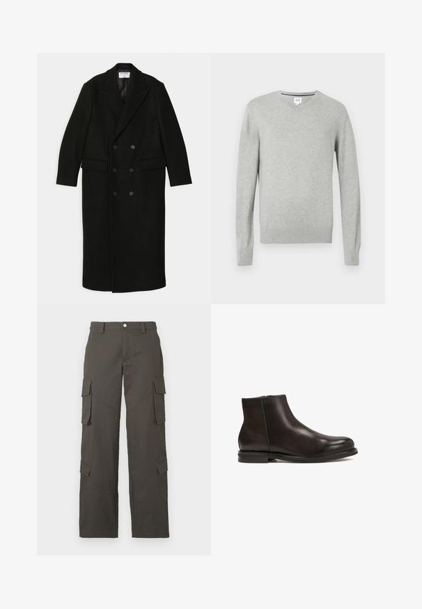 Filippa K DOUBLE BREASTED - Klassischer Mantel - black; Hellgrauer Pullover, V-Ausschnitt, lange Ärmel, gerippte Bündchen und Saum, weicher Stoff. Markenlabel an der Halsöffnung.; Weißes Baumwoll-T-Shirt mit Rundhalsausschnitt, kurzen Ärmeln und lockerer Passform. Glatte Textur, keine Muster oder Verzierungen.; Dunkelgraue gerade Cargo-Hosen mit Knopfverschluss und vier Klappentaschen, zwei an den Oberschenkeln und zwei nahe den Waden.; Schwarze Leder-Ankle-Boots mit glatter Textur, runder Zehenform und niedrigem Absatz. Verfügt über einen seitlichen Reißverschluss für einfaches An- und Ausziehen.
