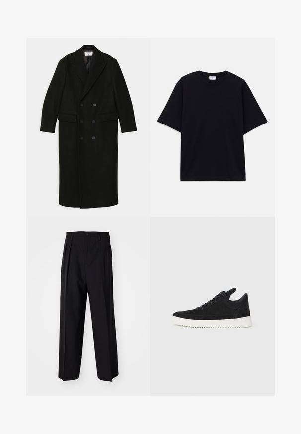 Filippa K DOUBLE BREASTED - Manteau classique - black; T-shirt noir à manches courtes oversize avec un col rond et une étiquette de marque Filippa K visible à l'intérieur du col.; Pantalons plissés noirs avec un design droit et large. Fabriqués en tissu lisse, avec une fermeture à bouton et des passants de ceinture.; Baskets en daim noir avec une semelle en caoutchouc blanc, présentant des coutures tonales et un design lacé. Texture lisse avec une forme moderne et épurée.
