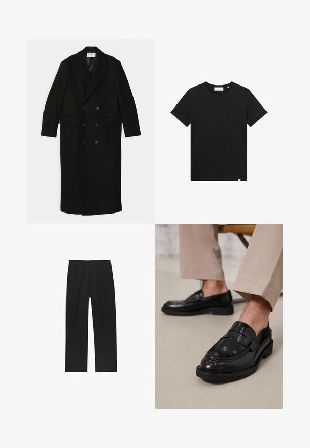 Filippa K DOUBLE BREASTED - Klasický kabát - black; Čierne tričko s krátkym rukávom vyrobené z bavlny, s okrúhlym výstrihom a malým logom vyšitým na hrudi. Hladká textúra, štandardný strih.; Čierne nohavice s rovnými nohavicami, vyrobené z hladkej tkaniny. Majú predné puky a jediné gombíkové zapínanie v páse.; Čierne kožené poltopánky s hladkým povrchom, so zdobným remienkom a kontrastným prešívaním, skombinované s béžovými nohavicami.