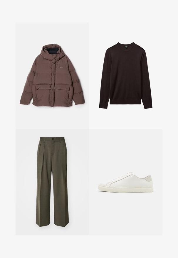 Holzweiler DOVRE JACKET - Dūnu jaka - dark brown; Reiss Džemperis - dark bordeaux; Filippa K WIDE TROUSERS - Auduma bikses - driftwood; Balti ādas sporta apavi ar gludu virsmu, noapaļotu purngala daļu un minimālistisku dizainu. Iezīmējas ar bežām akcentiem uz papēža un gumijas zoli.