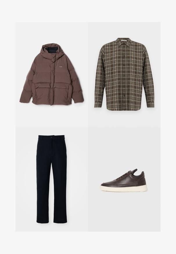 Holzweiler DOVRE JACKET - Down jacket - dark brown; Brown and tan checkered long-sleeve shirt with a spread collar, front button closure, and single-button cuffs. Lightweight fabric with slight sheen.; Navy blue trousers made of cotton, featuring a straight-leg design, a front button closure, and classic waistband with belt loops.; Dark brown textured leather sneaker with lace-up front and white ridged rubber sole on a plain light background.
