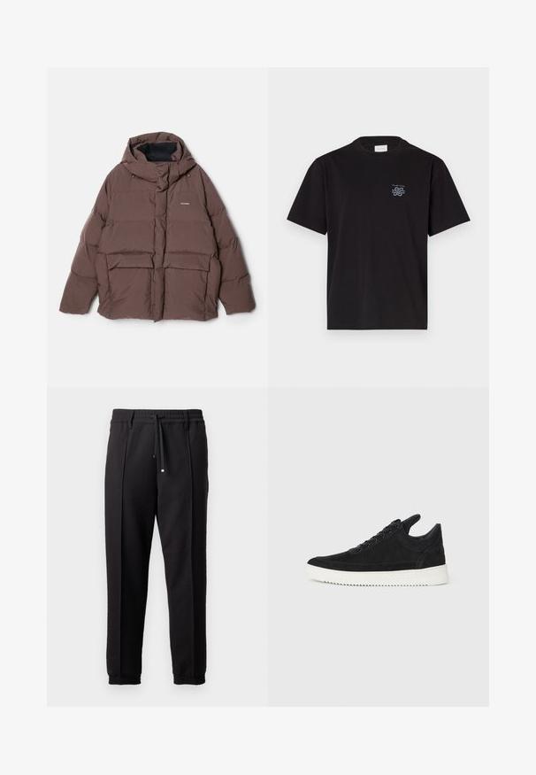 Holzweiler DOVRE JACKET - Down jacket - dark brown; Black cotton t-shirt with a crew neck and short sleeves. Features a small blue logo on the left chest. Simple, straight-cut design.; Black trousers with a waistband, drawstring, and elastic cuffs. Features pleats and a smooth, textured fabric.; Black suede sneaker with a white rubber sole, featuring tonal stitching and lace-up design. Smooth texture with a modern, streamlined shape.