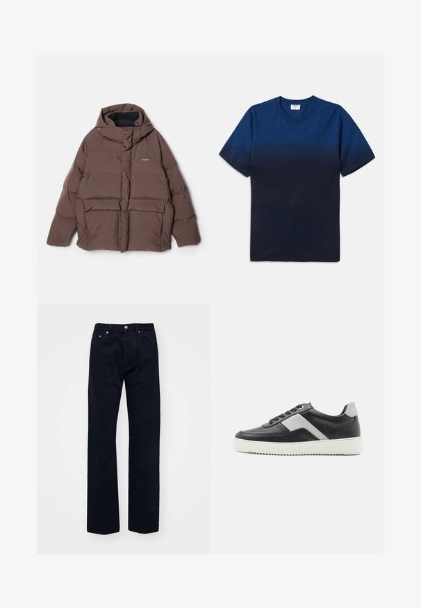 Holzweiler DOVRE JACKET - Dunjakker - dark brown; Marineblå bomulds t-shirt med rund hals, korte ærmer og et subtilt gradientdesign, der skifter fra lysere til mørkere nuancer.; Sorte denim jeans med lige ben, udstyret med knap- og lynlåslukning, fem lommer og tonalt syning.; Sort lædersneakers med grå accenter, hvid gummisål, rund tå og seks sorte øjer til snørebånd. Teksturert sidetavle-detalje.