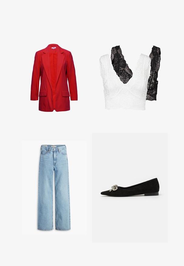 Czerwony żakiet z wyciętym kołnierzem, długimi rękawami i dwiema przednimi kieszeniami. Wykonany z gładkiego materiału, z zapięciem na jeden guzik.; Komplet biustonosza koronkowego z białym kwiatowym wzorem i czarnym dodatkiem. Oba mają dekolt w kształcie litery V oraz szerokie, ozdobne ramiączka.; Jeansy o wysokim stanie, jasnoniebieskie, szerokie nogawki, z przednim guzikiem i zamkiem błyskawicznym, pętelkami na pasek oraz pięcioma kieszeniami.; Czarne zamszowe baleriny z wąskim noskiem, zdobione ozdobną srebrną kokardą z przodu, z niskim obcasem.