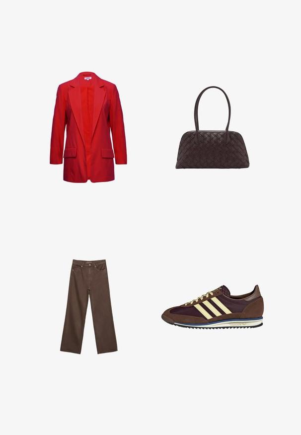Red blazer with a notched collar, long sleeves, and two front pockets. Made of smooth fabric, featuring a single-button closure.; Long-sleeve, fitted top made of dark brown fabric. Round neckline, smooth texture, and slightly extended sleeves without cuffs.; Wide-leg brown jeans made of denim, featuring a high waist, front pockets, and a classic button closure. Smooth texture with subtle stitching.; Brown and burgundy sneaker with suede and mesh materials, featuring three cream stripes, textured fabric on the tongue, and a rubber sole.; Woven brown leather handbag with rounded shape, dual top handles, and smooth texture; features subtle stitching for design detail.