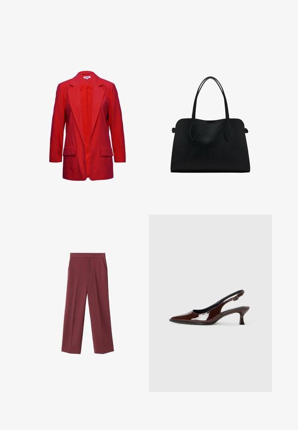 Rode blazer met een gelapt kraag, lange mouwen en twee vo Taschen. Gemaakt van gladde stof, met een enkele knoopsluiting.; Witte korte mouwen t-shirt met een ronde hals, relaxed fit, gemaakt van zachte stof. Geen patronen of accenten, met een standaard zoom.; Bordeaux brede broek met een zachte textuur, voorzien van zijzakken en een hoogtaille ontwerp. Strak gesneden met een nette voorplooi.; Bruine gepatineerde leren slingback-schoen met een spitse neus en een gematigd hakje. Voorzien van een gespsluiting voor een veilige pasvorm. Glad van textuur.; Zwarte leren handtas met dubbele schouderriemen, rechthoekige vorm en minimalistisch ontwerp op een witte achtergrond.