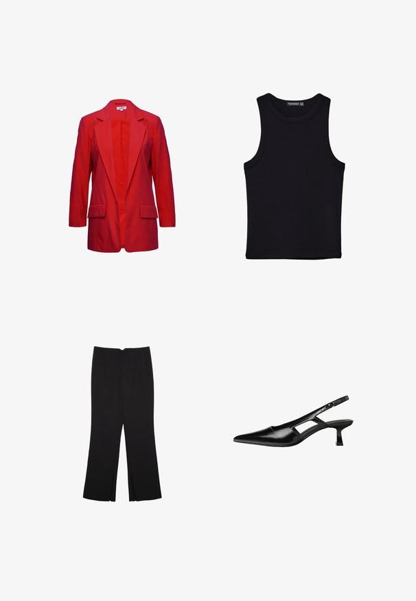 Rode blazer met een gelapt kraag, lange mouwen en twee vo Taschen. Gemaakt van gladde stof, met een enkele knoopsluiting.; Zwarte tanktop gemaakt van katoen, met een ronde halslijn en brede armopeningen. Gladde textuur met gestikte zomen. Klassiek, minimalistisch ontwerp.; Zwarte broek met een rechte pasvorm, voorzien van zijzakken en plooien aan de onderzijde. Gemaakt van zachte, gladde stof. Geschikt voor verschillende gelegenheden.; Zwarte gepatineerde leren slingback hakken met een puntige neus, uitsparing aan de zijkant en een kleine vierkante hak. Gladde textuur met minimale accenten.