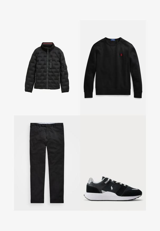 Črna puhovka z visokim ovratnikom, prešito zasnovo, zadrgo spredaj, tremi žepi z zadrgo in elastičnimi manšetami; vsebuje subtilne črtaste poudarke.; Črni pulover z okroglim izrezom iz bombažnega materiala, z majhnim rdečim logotipom na levi strani prsi ter z rebrastimi manšetami in robom.; Črne chinos hlače s ravnimi nogavicami, narejene iz bombažne mešanice, z zadrgo, pasom za pas in stranskimi žepi. Gladka tekstura.; Črno-bela nizka superga z zgornjim delom iz mrežice in usnja, belimi vezalkami, belo podplatom in logotipom igralca polo na strani.