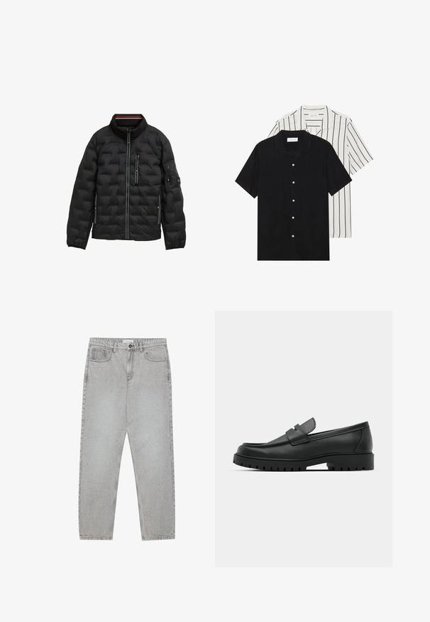 Schwarze Steppjacke mit hohem Kragen, gepolstertem Design, Reißverschluss vorne, drei Reißverschlusstaschen und elastischen Bündchen; mit subtilen gestreiften Akzenten.; Zwei kurzärmelige Hemden: eines ganz schwarz, das andere weiß mit schwarzen vertikalen Streifen. Beide verfügen über Knopfverschlüsse und einen klassischen Kragen.; Helle graue Jeanshose mit gerade geschnittenem Design, Fünf-Taschen-Stil und Knopfverschluss. Sichtbare Nähte entlang der Seitennähte.; Schwarze Lederloafer mit runder Zehenform, ausgestattet mit einem gesteppten Design, niedrigem Plattformsohle und einer strukturierten, genoppten Gummisohle.