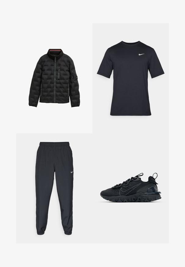 Sort puffjakke med høj krave, quiltet design, lynlåslukning fortil, tre lynlåslommer og elastiske manchetter; har subtile stribede detaljer.; Sort kortærmet Nike t-shirt lavet af glat stof, med et hvidt swoosh-logo på øverste venstre side, rund halsudskæring.; Sorte træningsbukser lavet af letvægtsstof med elastisk talje, ankelsyninger og et diskret Nike-logo på venstre side.; Sort atletisk sko med en åndbar mesh-overdel, teksturerede detaljer og en bølget gummisål. Har reflekterende logo og snørresystem.
