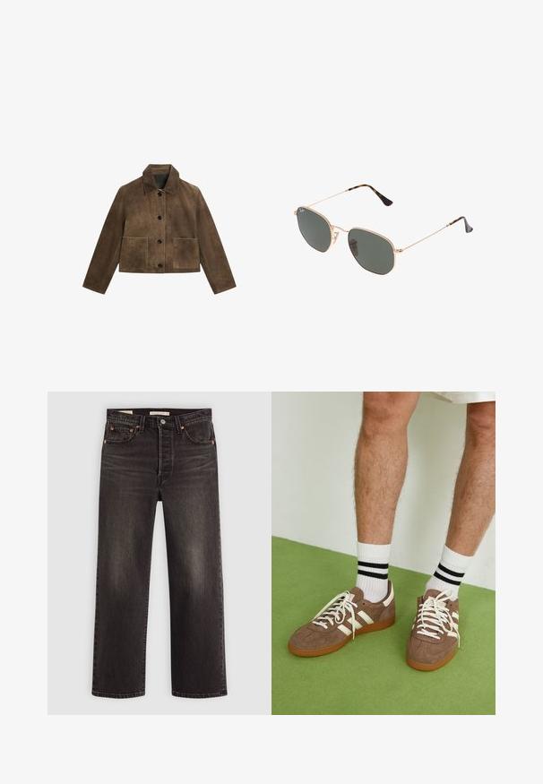 Hnědá semišová bunda s límcem, třemi černými knoflíky, dvěma předními kapsami a zkráceným střihem. Hladká textura s minimálními šicími detaily.; Bílý dlouhý rukávový top s širokým výstřihem, bočními rozparky a hladkým, lehkým materiálem, který má jednoduchý, minimalistický design.; Černé džíny z denimu se středním střihem. Obsahují měděné nýty a kapsy. Hladká textura a mírně vybledlý povrch.; Hnědé semišové tenisky s bílými akcenty a tkaničkami. Gumová podrážka. Nošeny s bílými ponožkami s černými pruhy. Zelená strukturovaná podlaha.; Sluneční brýle s kovovým zlatým rámem a tmavě zelenými skly, styl aviatorek, s úzkými obroučkami a želvovinovými akcenty na špičkách.; Svetr v pleteném vzoru světle hnědé barvy, s texturovaným vzorem, žebrovanými konci a malým logem blízko spodního okraje. Měkká, teplá tkanina.; Hnědá semišová hobo taška se hladkým koženým dnem, zakřiveným tvarem, zlatým kováním a centrálním popruhem s logem.