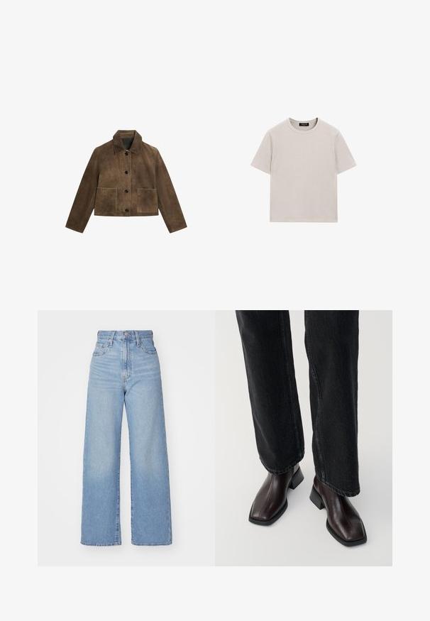 Giacca in suede marrone con collo a risvolto, tre bottoni neri, due tasche frontali e design corto. Tessuto liscio con dettagli di cuciture minime.; T-shirt in cotone grigio chiaro con maniche corte, scollo rotondo e vestibilità rilassata. Presenta cuciture minime e nessun motivo o dettaglio visibile.; Jeans a vita alta blu chiaro con gamba larga, chiusura frontale con bottone e zip, tasche anteriori e posteriori, su uno sfondo bianco.; Stivali in pelle marrone fino alla caviglia con punta quadrata e tacco a blocco, abbinati a jeans neri a gamba larga. Texture liscia e design minimalista.