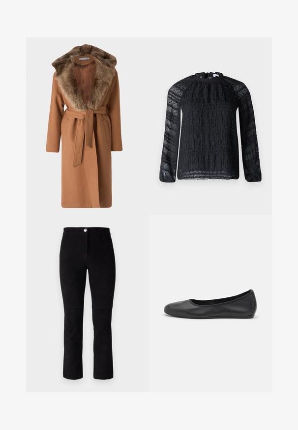 STUDIO ID Klassisk frakke - camel/toscana honey; Hofmann Copenhagen JOSEFINA - Bluse - black; Sorte suede bukser med lige ben-design, der har en frontknaplukning og minimale syninger. Blød tekstur og ingen mønstre.; Sort læderballetsko med rund tå, glat tekstur, minimal syning og et fleksibelt såldesign.