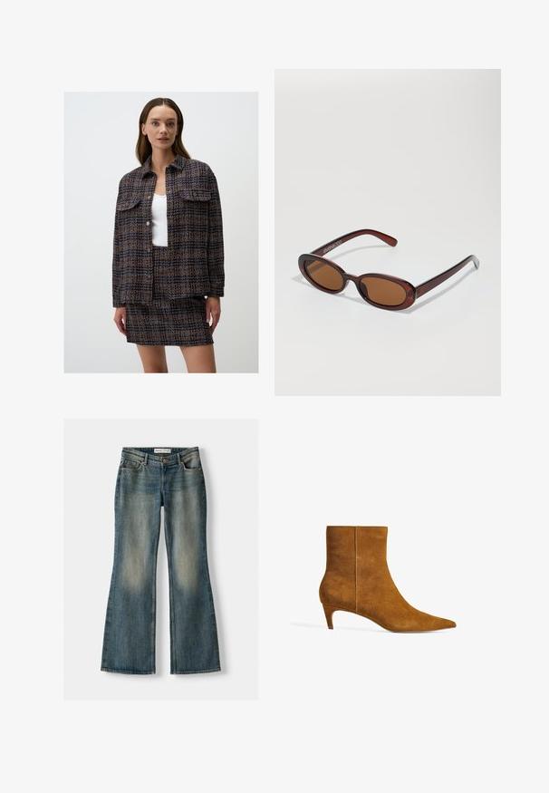 Woven textile jacket and skirt set featuring a navy, orange, and cream pattern, with two front pockets and button closures.; Pieces PCSIRENE bordowy; Niebieskie dżinsy w fasonie dzwonów z wyblakłym wykończeniem, pięcioma kieszeniami i zapięciem na guzik. Materiał ma fakturę dżinsu z subtelnymi detalami szycia.; Brązowy zamszowy botek za kostkę z wydłużonym noskiem i niskim, kocim obcasem. Projekt charakteryzuje się gładką teksturą i bezszwową cholewką.; Okrągłe, brązowe okulary przeciwsłoneczne z błyszczącą bordową oprawą. Cienkie ramiona z subtelnym detalem marki. Płaski kształt soczewek.; Brązowa zamszowa torba hobo o luźnym kształcie, z zakrzywioną rączką u góry oraz trójkątnymi detalami na przodzie i tyle.