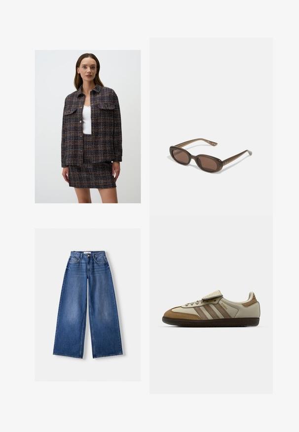 Geweven textiel jassen- en rokken set met een navy, oranje en crème patroon, voorzien van twee zijzakken en knoopsluiting.; Pieces PCSIRENE ROLLNECK - Longsleeve - tawny port; Bershka WIDE-LEG - Wide leg - dark blue; Bruine en crèmekleurige sportschoen met drie beige strepen, gemaakt van suede en leer, vetersluiting ontwerp en rubberen zool. Tekstlogo aan de zijkant.; Brown ovalen zonnebrillen met donkere lenzen. Het montuur is gemaakt van doorzichtig bruin materiaal en heeft een logo dat op de slapen is gedrukt.; Bruine suède hobo tas met een slouchy vorm, voorzien van een gebogen handvat en driehoekige paneeldetails aan de voor- en achterkant.