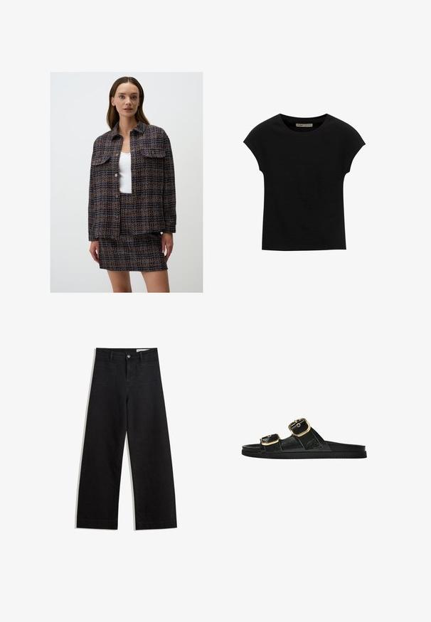 Completo giacca e gonna in tessuto intrecciato con motivo blu, arancione e crema, dotato di due tasche anteriori e chiusure con bottoni.; T-shirt nera a maniche corte realizzata in tessuto morbido, con scollatura rotonda e vestibilità comoda, caratterizzata da una texture liscia e senza pattern.; Pantaloni in denim neri a gamba larga con vita alta, dotati di tasche anteriori e posteriori, cuciture a punto, e chiusura con bottone. Texture liscia.; Infradito neri con due accenti di fibbia dorata, materiale dalla texture liscia, suola piatta e design minimalista.