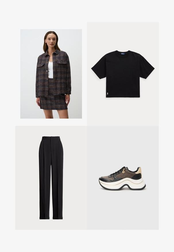 Completo giacca e gonna in tessuto intrecciato con motivo blu, arancione e crema, dotato di due tasche anteriori e chiusure con bottoni.; Maglietta nera in cotone a maniche corte, colletto rotondo e un piccolo logo bianco in basso a sinistra. Fit classico e boxy con dettagli minimi.; Pantaloni neri su misura a vita alta, con pieghe frontali, design a gamba dritta e orlo con risvolto. Realizzati in tessuto morbido.; Sneaker chunky con tessuto a motivi marroni, dettagli in pelle nera, rifiniture dorate e suola bianca esagerata con bordi neri.