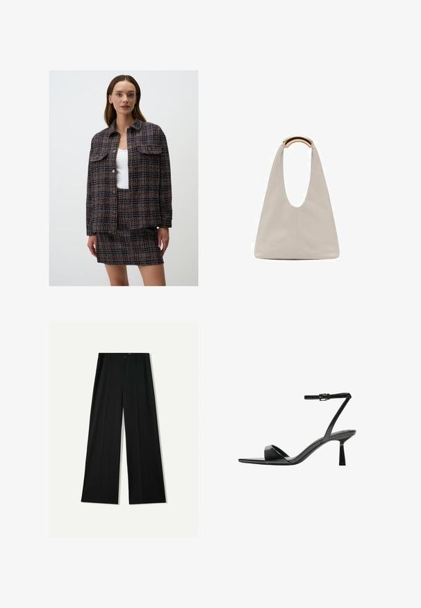 Completo giacca e gonna in tessuto intrecciato con motivo blu, arancione e crema, dotato di due tasche anteriori e chiusure con bottoni.; Canotta nera in cotone, caratterizzata da un colletto rotondo e ampi giromanica. Texture liscia con orli cuciti. Design classico e minimalista.; Bershka WIDE - Pantaloni - black; Bershka Sandali con tacco - black; Borsa in pelle grigio chiaro con design a forma di U e manico metallico curvo. Texture liscia con cuciture minime e senza motivi visibili.