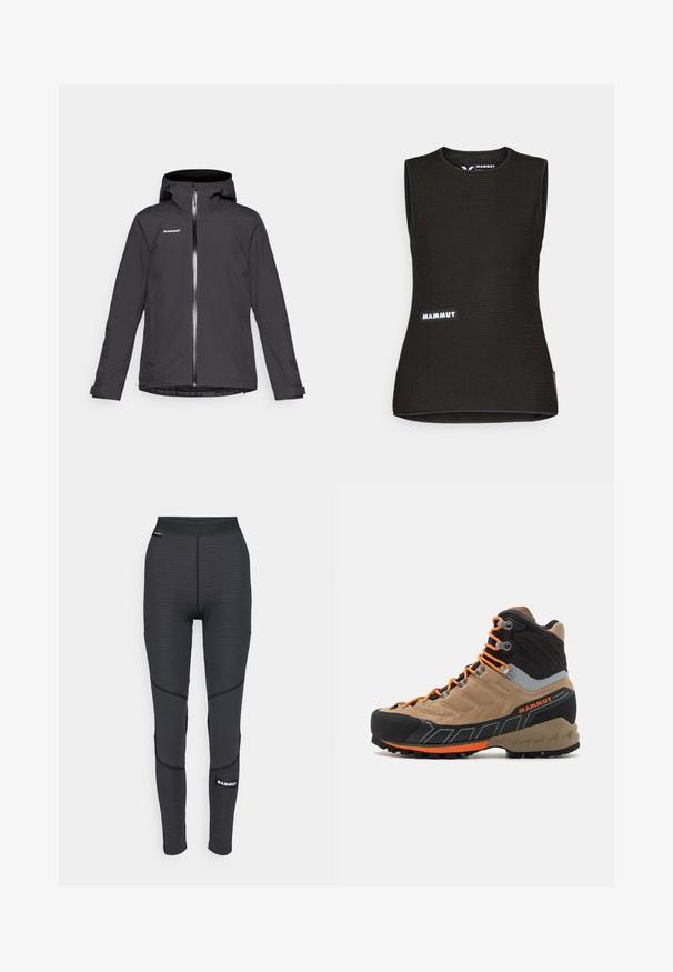 Juodas vandeniui atsparus džemperis su gobtuvu, priekiniais užtrauktukais ir dviem šoninėmis kišenėmis. Turi lygią tekstūrą ir reguliuojamus rankogalius. Prekės ženklas ant krūtinės.; Juodas be rankovių marškinėliai su tekstūruota raštu, apvaliu iškirpimu ir "MAMMUT" logotipu priekyje. Pagaminti iš pralaidaus oro medžiagos.; Juodos sportinės legginsai su tekstūruotomis dalimis ir sustiprintu siuvimu, turintys prekės ženklo logotipą ir plačią, elastinę juostą.; Šviesiai smėliniai ir juodi aukšti žygio batai su oranžinėmis raišteliais, guminėm priekine dalimi, tekstūruota viršutinė dalimi ir tvirtu padu. Yra sustiprinta kulkšnies parama.
