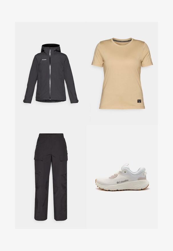 Svart vanntett jakke med hette, frontglidelås og to sidelommer. Har en jevn tekstur og justerbare mansjetter. Merkevarelogo på brystet.; Salewa EAGLE LOGO PATCH - T-shirts - quicksand; Svart cargo-bukser laget av slitesterkt stoff, med flere sidelommer, knappelukking og en løs passform med rette ben.; Lettvekts Columbia treningssko i hvit mesh med en teksturert grå såle og gummitraction. Har en polstret krage og snøring.