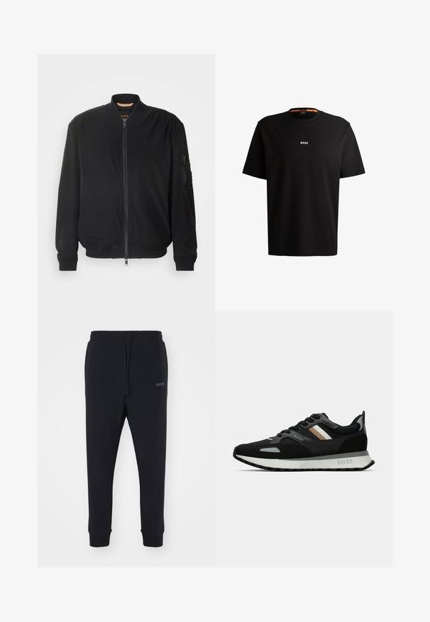 Černá bomber bunda se zapínáním na zip, žebrovaným límcem a manžetami a zipovou kapsou na levém rukávu. Hladká tkanina s minimálními detaily.; Černé bavlněné tričko s kulatým výstřihem, krátkými rukávy a bílým logem "BOSS" umístěným na hrudi. Hladká textura, volný střih.; Černé tepláky vyrobené z měkkého materiálu s elastickým pasem, šňůrkou na stažení a zúženými nohavicemi. Obsahují malé logo na boku.; Černá běžecká obuv s texturovaným povrchem, světle šedými akcenty a třemi vodorovnými pruhy v hnědé. Obsahuje bílou polstrovanou podešev.