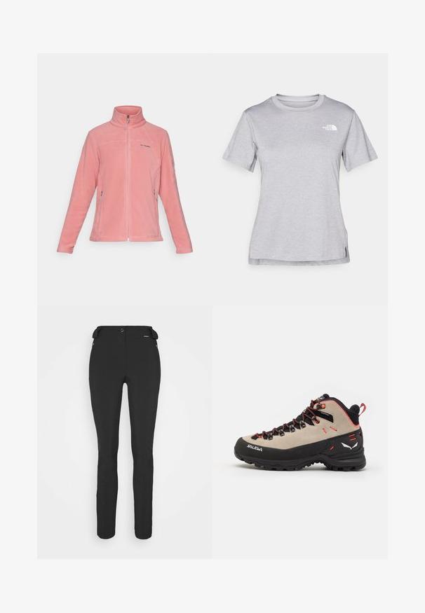 Columbia FAST TREK™ różowy; Szara, krótkozasięgowa koszulka wykonana z miękkiego, odprowadzającego wilgoć materiału. Posiada okrągły dekolt oraz małe białe logo w górnym lewym rogu.; Czarne, dopasowane spodnie wykonane z elastycznego materiału. Cechy to kieszeń boczna na zamek, strefowe kolana oraz gładka faktura.; Męskie buty trekkingowe z beżową zamszową cholewą, czarną gumową podeszwą, czerwonymi akcentami oraz sznurowanym zapięciem zapewniającym pewne dopasowanie.