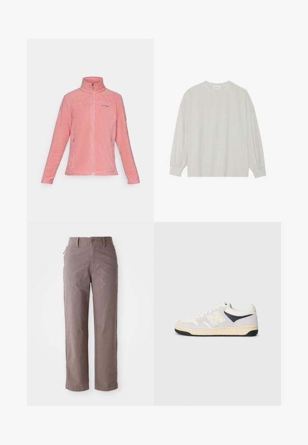 Columbia FAST TREK - Fliisjakk - pink agave; Hele halli pikkade varrukatega T-särk, mis on valmistatud pehmest puuvillast. Omab vaba lõiget, ümmargust kaelust ja õrnalt kogutud varrukaotsi. Muster ja graafika puuduvad.; Pruunist puuvillast valmistatud twill-püksid sirge jala lõikega, ees nööbiga kinnitamisega ja küljetaskutega, sileda tekstuuriga ja puhaste joontega.; Spordijalatsid valges, hallis ja mustas värvitoonis. Omab sametist ja tekstiilset materjali, perforatsiooni varbaosas ja logot küljel. Kummikreen.