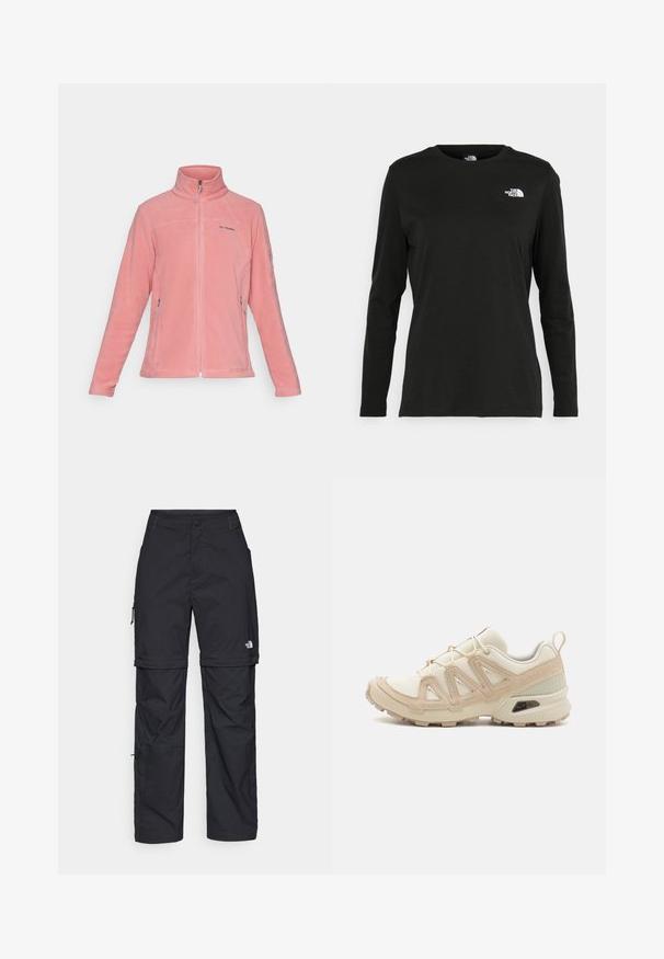 Columbia FAST TREK - Fleece jacket - pink agave; Black long-sleeve t-shirt made of cotton with a round neck. Features a small white logo on the left chest area. Simple design and fit.; Black nylon zip-off cargo trousers with adjustable cuffs, multiple pockets, and a logo on the right leg. Smooth, lightweight texture.; Beige and cream athletic shoe with textured mesh upper, supportive overlays, and rubber outsole featuring a tread pattern for traction.