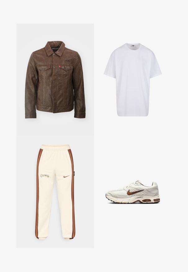 Levi's® TRUCKER - Bunda z umělé kůže - saddle; Bílé triko z bavlny s krátkým rukávem, kulatým výstřihem, volným střihem a bez viditelných log či vzorů. Hladká textura a minimalistický design.; Krémové tepláky s hnědými bočními pruhy, se znakem "The Town" a logem Nike. Elastický pas a žebrované manžety. Měkký, hladký materiál.; Tenisky Nike v off-white barvě s texturovaným síťovaným svrškem, hnědými akcenty a pohodlnou podrážkou. Lehký design s kulatou špičkou a šněrováním.