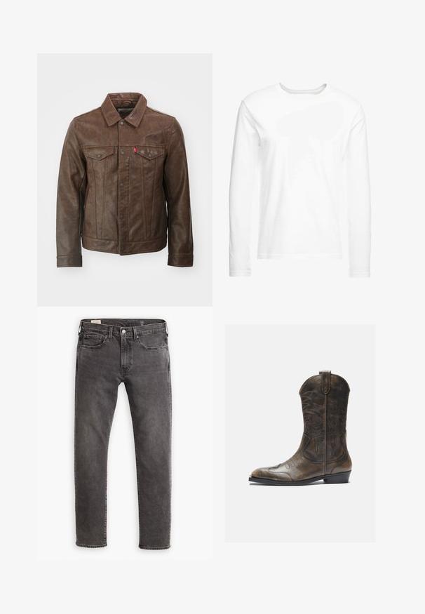 Levi's® TRUCKER - Dirbtinės odos striukė - saddle; Ilga rankovė balta marškinė, pagaminti iš minkštos medvilnės. Apvalus iškirpimas, tiesūs kraštai ir jokių matomų raštų ar grafikų.; Pilki džinsai su tiesiu kirpimu, penkių kišenių dizainu ir mygtukų užsegimu. Yra švelniai nudilę ir toniniu siuvinėjimu visame gaminyje.; Rudos odinės kaubojų botai su aukšta ašimi, smailiu pirštu, sudėtingomis siuvimo raštais ir mažu kulnu. Tekstūruotas paviršius visame ilgyje.