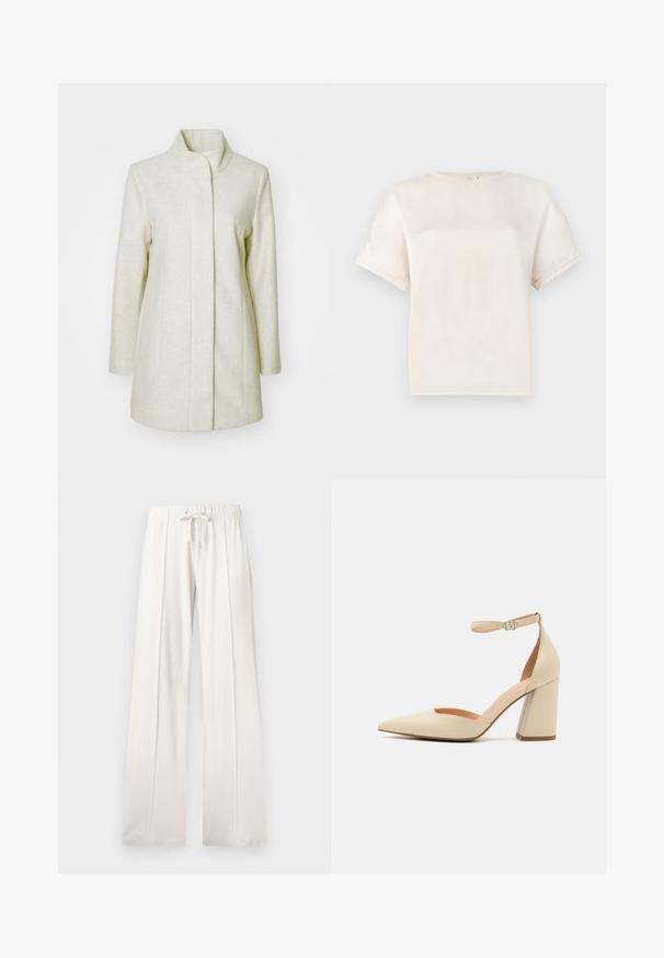 Kerge beeži värvi mantel, mis on valmistatud pehmest kangast, kõrge kraega, sirge lõikega ja küljetaskutega, millel on minimaalsed õmbluse detailid.; Lühikeste varrukatega ümardatud kaelusega T-särk suhkruvalges, valmistatud siledast kangast, millel on lõdvestatud lõige ja minimaalsed õmblusdetailid varrukatel.; Heledad beežid püksid, mis on valmistatud pehmest kangast, millel on paelaga vöökoht, laiad sääred ja vertikaalsed õmblused, lisaks sujuv tekstuur.; Beige patend nahast kõrged kontsad, terava ninaga, pahkluu rihmaga ja plokk-kontsaga. Sile pind, millel on vähe õmbluse detaile.