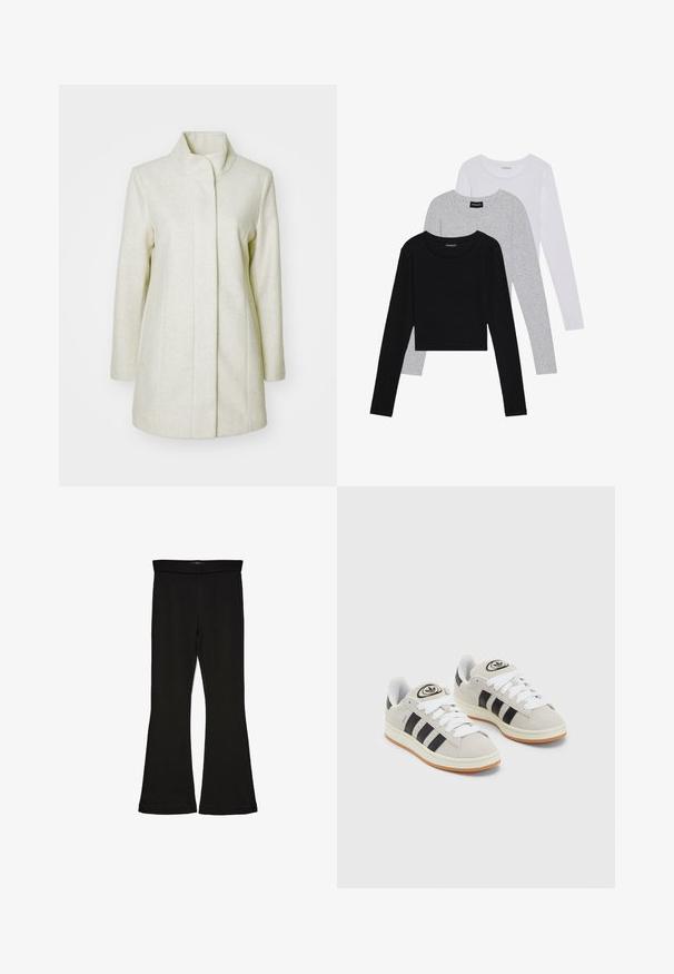 Gaiši bežs mēteli, kas izgatavots no mīkstas auduma, iezīmē augstu apkakli, taisnu piegriezumu un sānu kabatām ar minimālistisku šuvju detaļu.; Trīs garām piedurknēm veidotas augšdaļas, sakrautās: melna, pelēka un balta. Katram ir noapaļots kakla izgriezums un īsa dizaina forma ar gludu, vieglu audumu.; Melnas flared leggings, kas izgatavotas no stiepjama auduma. Iezīmējas ar platu jostasvietu un gludu tekstūru, ar pieguļošu siluetu, kas paplašinās pie apakšmalas.; Pelēkas zamšādas kedas ar baltām saites, melnām svītrām un baltu gumijas zoli. Raksturīga apļa logo uz mēles un gumijas zole.