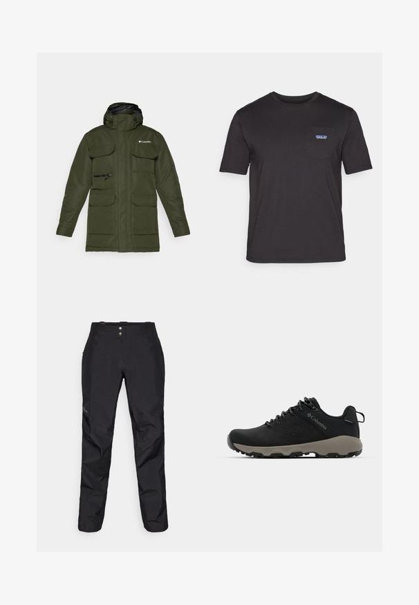 Maslinasto zelena izolirana jakna s prednjim zatvaračem, podesivom kapuljačom i više velikih prednjih džepova. Ima teksturiranu tkaninu i logo.; Crni majica kratkih rukava od pamuka, s džepom na prsima i plavim Patagonia logotipom s lijeve strane.; Crne vodootporne hlače s glatkom teksturom, s dva prednja dugmeta i dizajnom suženih nogavica. Istaknute logotipom sa strane.; Crne planinarske cipele s glatkim gornjim dijelom, perforiranim dizajnom, sivoj potplati i ojačanim petom. Sadrže vezice i petlju za lakše oblačenje.