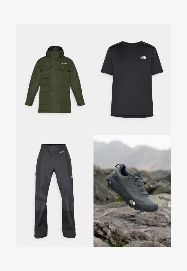 Olīvu zaļš izolēts jaku ar rāvējslēdzēju priekšā, regulējamu kapuci un vairākiem lieliem priekšējiem kabatām. Iezīmes teksturēta auduma un logo.; Melnas īsām piedurknēm T-kreklas, izgatavots no viegla auduma. Uz kreisā krūtīm ir neliels balts logo un smalki plecu akcenti.; Melni ūdensnecaurlaidīgi bikses ar gludu tekstūru, ar GORE-TEX logo priekšpusē un pastiprinātiem apakšējiem matiņiem izturībai.; Pelēki skrējēju apavi ar teksturētu virsu, izturīgu gumijas zoli un pastiprinātu pirkstu daļu. Iekļauj šņores un zīmola logo sānos.