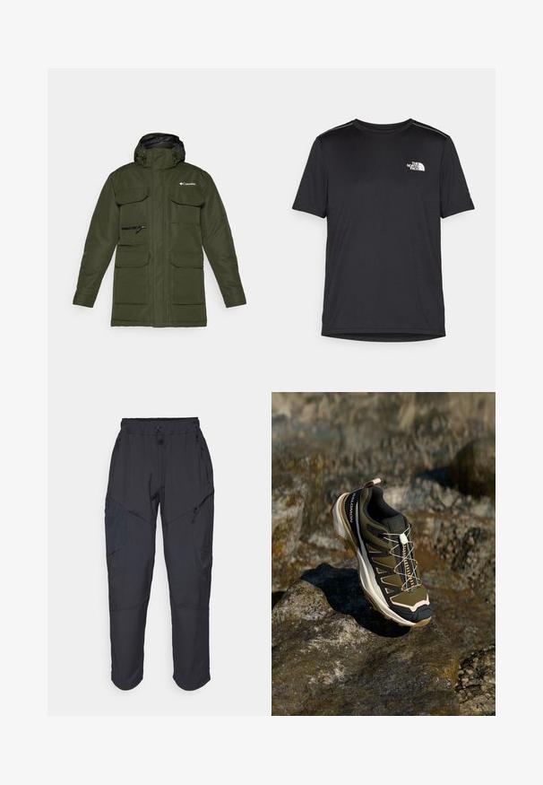 Olijfgroene geïsoleerde jas met een ritssluiting aan de voorkant, verstelbare capuchon en meerdere grote voorkruiden. Bevat een gestructureerde stof en logo.; Zwarte T-shirt met korte mouwen, gemaakt van lichtgewicht stof. Bevat een klein wit logo op de linkerborst en verfijnde schouderaccenten.; Zwarte cargo pants gemaakt van een lichtgewicht, waterafstotend materiaal; voorzien van een elastische tailleband, meerdere met rits gesloten zakken en taps toelopende pijpen.; Wandelshoe in olijfgroen en zwart met roze accenten. Beschikt over een gestructureerd bovenwerk, flexibele zool, versterkte neuzen, en een kleurrijk vetersysteem.