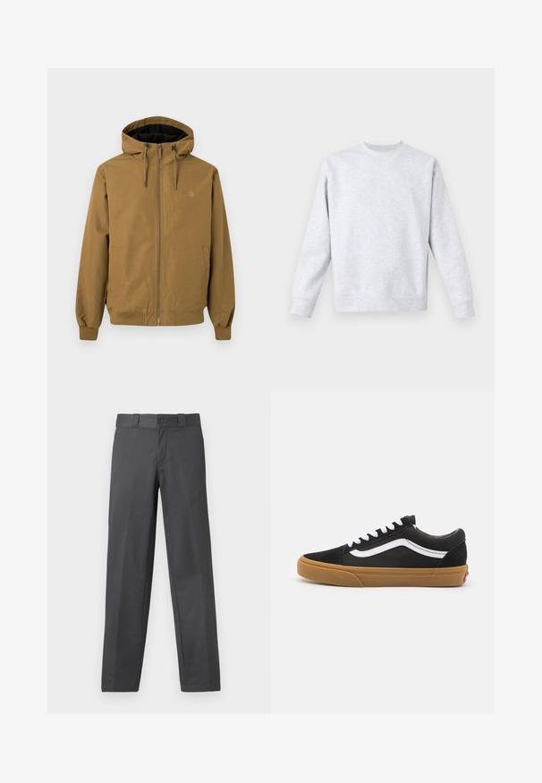 Ruskea huppari, vetoketjullinen etuosa, joustavat hihansuut ja helma. Kaksi sivutaskua, logo rinnassa, sileä kankaan pinta.; Vaaleanharmaa svetari, joka on valmistettu pehmeästä kankaasta. Siinä on pyöreä kaula-aukko, pitkät hihat sekä ribbaatut hihansuunkohdat ja helma. Minimalistinen muotoilu ilman kuvioita.; Harmaat housut sileästä kankaasta, suoran lahkeen muotoilu, nappisulku ja vyölenkit; minimaalinen saumaus eikä kuvioita.; Mustat nahkakengät valkoisella sivuviivalla, valkoiset nauhat ja kuminen pohja. Klassinen matala muotoilu, jossa on tekstuurisia yksityiskohtia ja pyöristetty kärki.