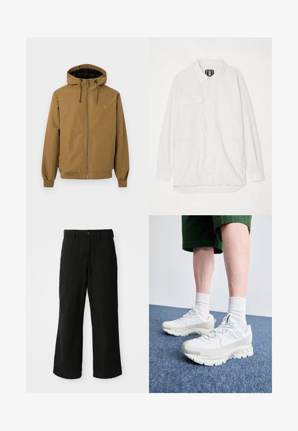 Ruda gobtuvė su kapišonu, užtrauktuko priekyje, elastiniais rankogaliais ir apatine dalimi. Du šoniniai kišenės, logotipas ant krūtinės, lygus audinio paviršius.; Balta mygtukų marškiniai, pagaminti iš tekstūruotos medžiagos, su apykakle, dviem priekinėmis kišenėmis ir lenktu apačiu, kurioje nugara yra šiek tiek ilgesnė.; Juodos plačios kelnės, pagamintos iš minkštos medžiagos, su priekinėmis kišenėmis ir mygtuku juosmens srityje. Minimalistinis dizainas be matomų raštų.; Baltos sportinės bateliai su tekstūruotais uždengimais, masyviu padu ir pilkais akcentais. Dėvimi su baltais trumpais kojiniais ir žaliais šortais mėlyname paviršiuje.