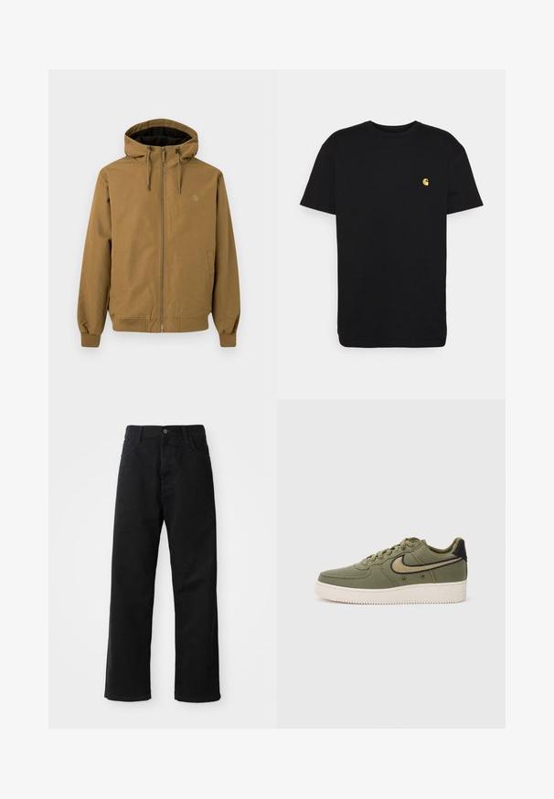 Ruskea huppari, vetoketjullinen etuosa, joustavat hihansuut ja helma. Kaksi sivutaskua, logo rinnassa, sileä kankaan pinta.; Musta puuvillapaita lyhyillä hihoilla, pyöreällä kaula-aukolla ja pienellä keltaisella logolla vasemmassa rinta-alueessa. Yksinkertainen muotoilu ja normaali istuvuus.; Musta farkkushortsit suoran leikkauksen kanssa, joissa on etutaskut, vetoketjuläppä ja yksi yläpainike. Rakenteellinen kangas matta pinnalla.; Kangaslenkkarit oliivinvihreänä mustilla yksityiskohdilla, joissa on nauhakiinnitys, pehmustettu kaulus ja päällystetty pohja, jossa on "AIR"-brändäys.