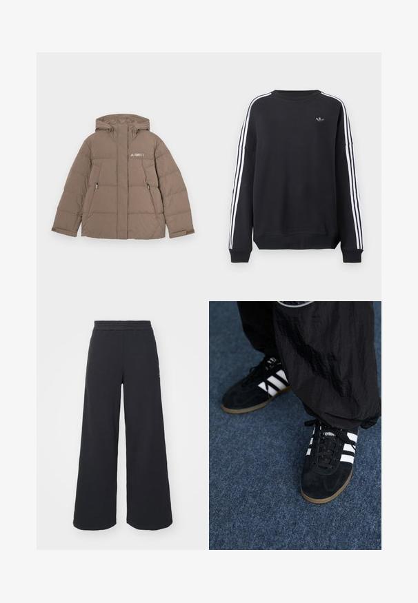 Chaqueta acolchada marrón con capucha, que presenta un cierre delantero, dos bolsillos laterales y el logo "Terrex" en blanco en el pecho.; Sudadera negra con mangas largas, rayas blancas a lo largo de cada brazo y un pequeño logo gris en el pecho. Material de algodón, ajuste casual.; Pantalones de chándal negros de pierna ancha, hechos de una tela suave, con una cintura elástica y un pequeño logo en el lado izquierdo.; Zapatillas deportivas de ante negro con tres rayas blancas y cordones negros. Un pantalón negro texturizado es parcialmente visible al lado de las zapatillas.